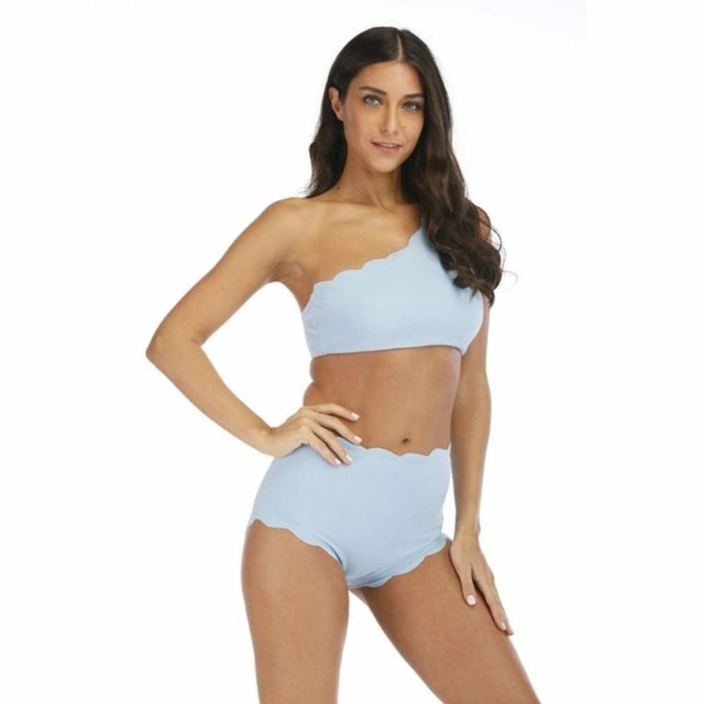 LIGHT BLUE SCALLOPED ONE SHOULDER TWO PIECE SWIMSUIT